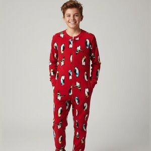 Penguin Print Red Kid One Piece Onsie Flannel Fleece Foot Pajamas Sleepers 14 16